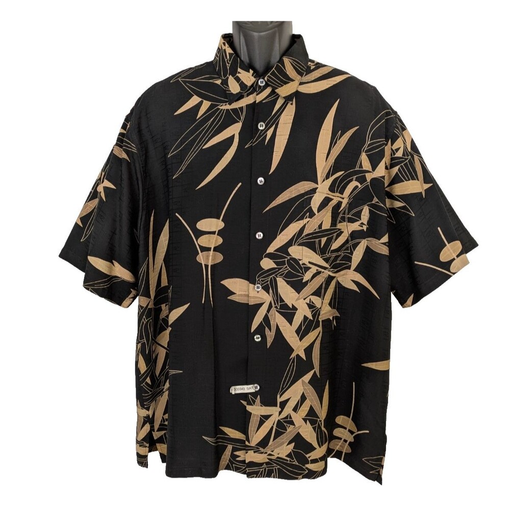Tory Richard 100% Silk Men's LG Black Gold Bamboo Hawaiian Shirt